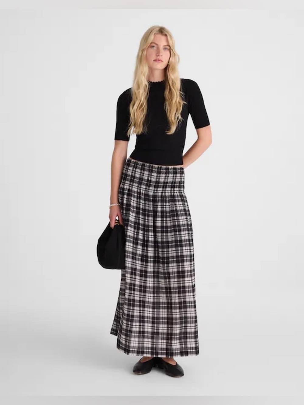 Madewell Smocked-Waist Maxi Skirt in Plaid Black / White Size Small